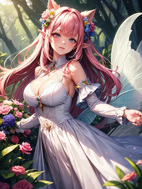 a girl wearing a white dress with flowers, bright pink hair, big pink eyes, a lot of flowers around, a magic forest background, pointy ears, fairy wings, magic powder, flying, (An ultra-high picture quality), ultra detailed, hdr, normal breasts