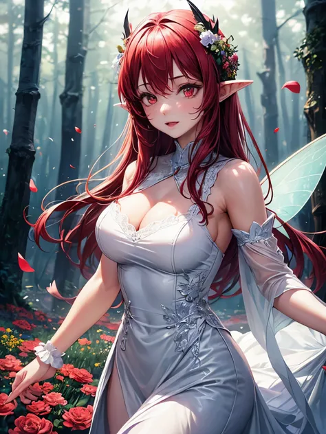 a girl wearing a white dress with flowers, bright red hair, big red eyes, a lot of flowers around, a magic forest background, pointy ears, fairy wings, magic powder, flying, (An ultra-high picture quality), ultra detailed, hdr, normal breasts