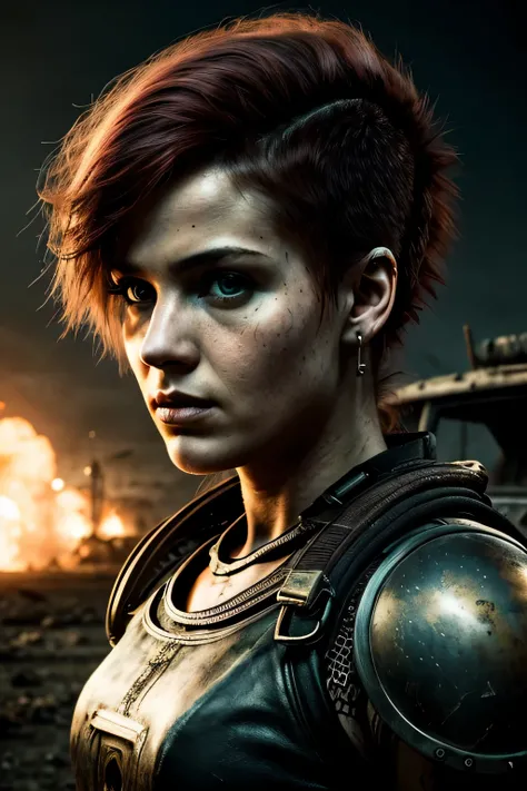 portrait 1 young woman ,science fiction, complex background  punk, mad max , futuristic, post-apocalyptic, dark, dim light, ((masterpiece, best quality, )),