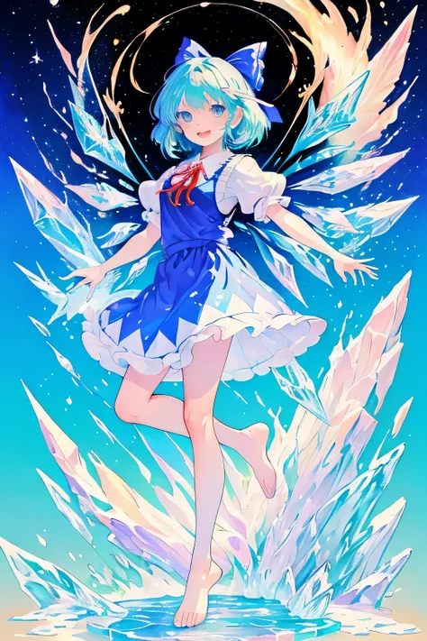 Cirno from Touhou. (masterpiece), best quality, expressive eyes, perfect face. Smile. Cute face. Magic of ice. Ice chrystal. Expressive pose. Legs, feets. Toe. 