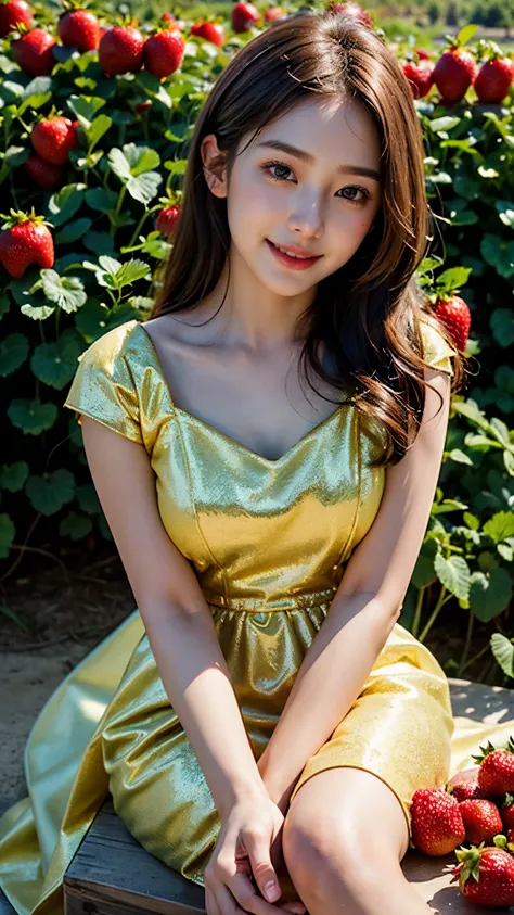 Beautiful Korean Girl, 1 Solo Girl, 20 years Girl, Beautiful Smile, ((smile: 1.2)), ((Masterpiece: 1.4)), ((Ultra HD Image quality)), ((Realistic)), 64k, Natural Human Skin, Soft skin, CG unity 8k wallpaper, Superb beautiful face, ((Yellow Glitter Sweethea...