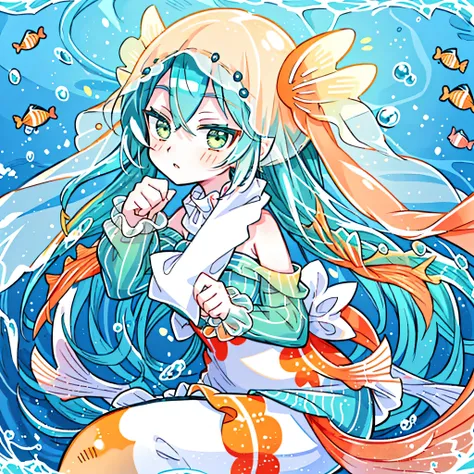 a close-up anime-style illustration of a mermaid with long, white and orange hair tied in large twintails and pale green eyes, a...