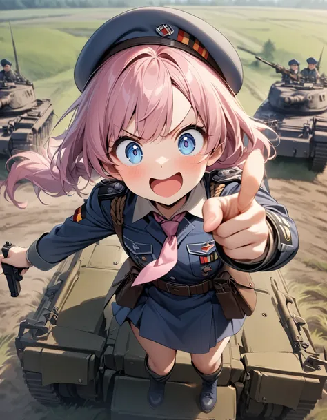 masterpiece, best quality, 1girl, solo, solo focus, midget, dark pink hair, fluffy hair, ponytail hair, dark blue eyes, big eyes, cute face, (blue military uniform, WWII german uniform, beret, pink folder symbol on beret), pink necktie, blue combat boots, ...