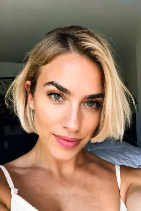 photograph, photo of beautiful woman, selfie, upper body, solo, wearing underwear, cheerful, blonde hair, bob haircut, messy hair, full lips, perfect eyebrows, looking at viewer, taking a selfie, skin texture, close up, effortlessly chic, UHD, in bedroom