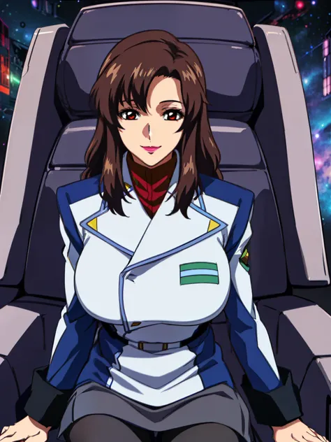 sitting on captain seat, military uniform, military,jacket,blue and white uniform,skirt, (black_pantyhose:1.3), (space ship back...