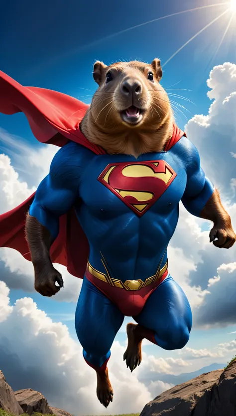 (best quality,4k,8k,highres,masterpiece:1.2),ultra-detailed,(realistic,photorealistic,photo-realistic:1.37), abstract, parody, HDR, UHD, studio lighting, vivid colors, bokeh, Capybara as Superman, wearing superman outfit, flight scene, soaring through the ...