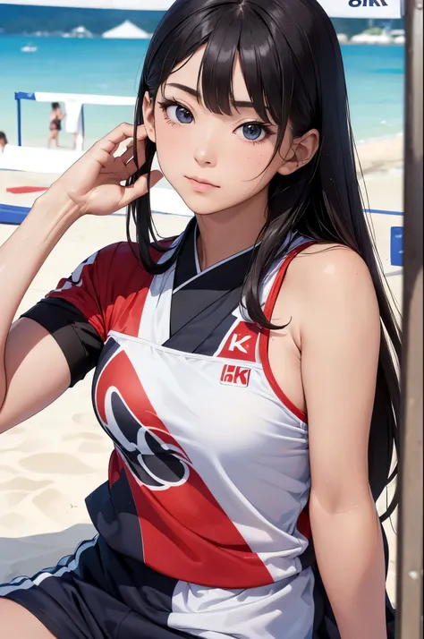 (((masterpiece))),(((High resolution)))、(((8K)))、(((perfect face)))、(((beauty of japan)))、25 years old, (simple beach volleyball uniform), embarrassed look, look at the camera, top quality eyes, detailed texture, look at the camera
