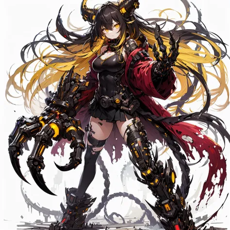 (Masterpiece, top quality), (detailed hair), super detailed, anime style, full body, solo, cyberpunk beasty girl, neck-length black-yellow hair, gold eyes, right arm converted to cybernetic huge terrifying claw. cyber-kimono, and torn red scarf, cyber horn...