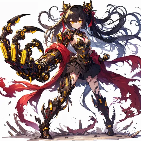 (Masterpiece, top quality), (detailed hair), super detailed, anime style, full body, solo, mechanical beast girl, neck-length black-yellow hair, gold eyes, right arm converted to cybernetic huge terrifying claw. cyber-kimono, and torn red scarf, cyber horn...