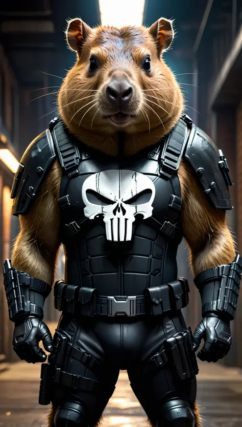 capybara as punisher,Punisher outfit,Punisher logo on chest,body chest bullet-armor,(best quality,4k,8k,highres,masterpiece:1.2),ultra-detailed,(realistic,photorealistic,photo-realistic:1.37),HDR,UHD,studio lighting,extremely detailed eyes,sharp focus,vivi...