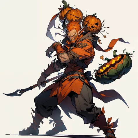 ((highest quality))、((masterpiece))、((Full body photo of a man))、((Very simple background))、(game character design)、Pumpkin anthropomorphic monster、monster design，soloist，(Pumpkin element outfit，Pumpkin garnish）、Manga style、Beastman、Pumpkin themed ornament...