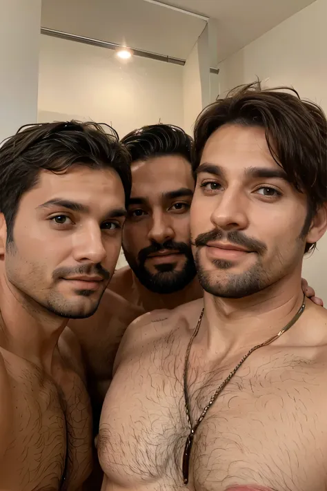 3 beautiful men, with facial hair and hairy chest around 35 years old