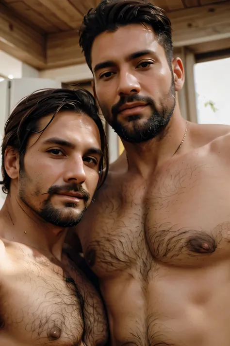 3 beautiful men, with facial hair and hairy chest around 35 years old
