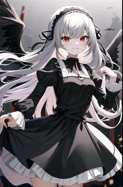 masterpiece, highest quality, high resolution, sui1, one girl, alone, suigintou, red eyes, long hair, gothic dress, gray hair, r...