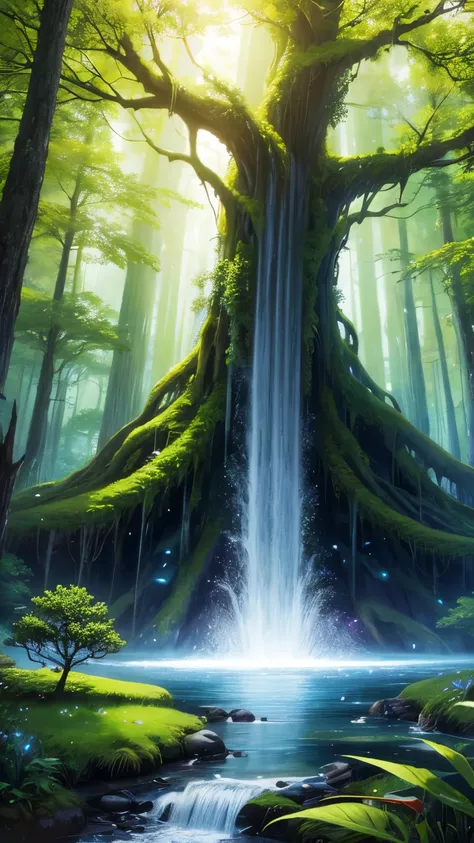 art、Fantasy、mysterious、forest、Huge tree、beautiful flower、Fantasy World