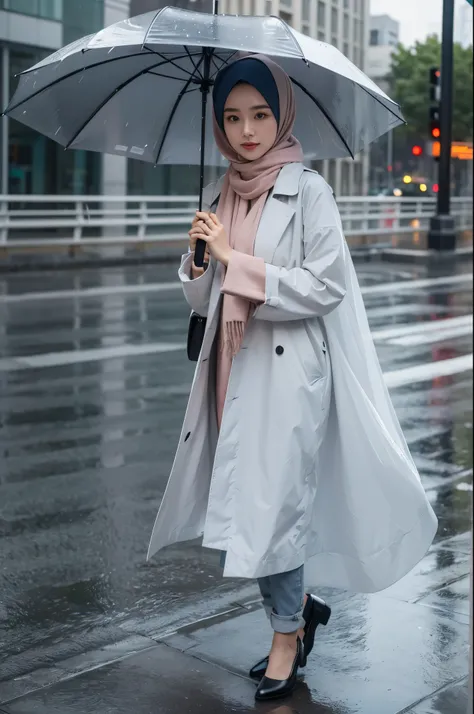 (8k, RAW photo, best quality, masterpiece: 1.2), (realistic, photo-realistic: 1.37), ultra-detailed, 1 girl, cute, solo, beautiful girl, woman in hijab holding an umbrella on a rainy day, hijab, h 576, ulzzang, umbrella, h 768, h 7 6 8, covered, handsome g...