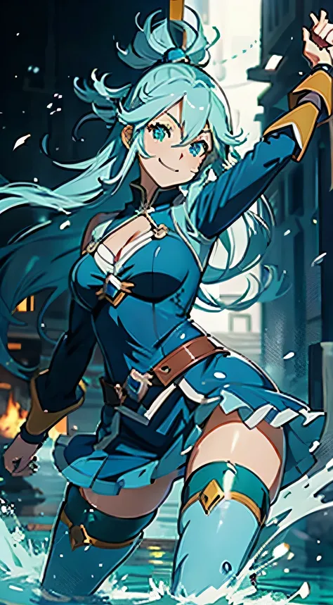 Aqua konosuba smiling, holding a hand can sexy angle, dynamic pose