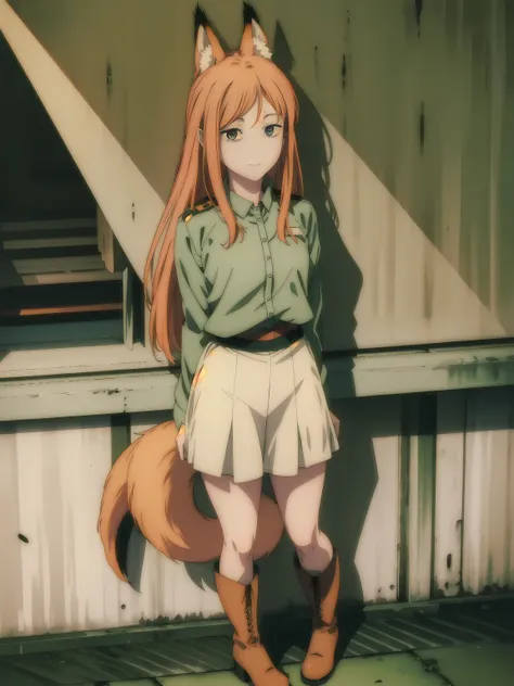 (masterpiece), (best quality), (ultra-detailed), (best illustration), (best shadow), cute 1girl, with flowy orange hair, green eyes, fox ears and tail, wearing top, skirt and boots, screen cap