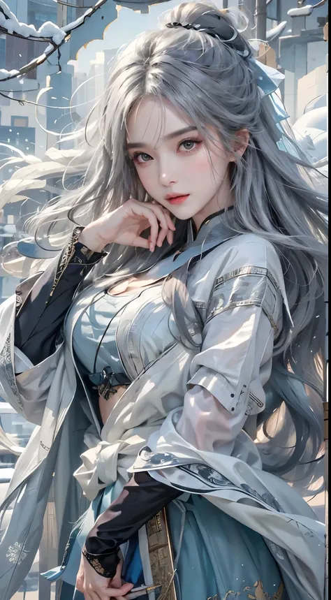 Realistic, High resolution,Anti-aliasing、Anisotropic Filtering、Anatomically correct、1 Female, alone, Hip Up, View the viewer, (Detailed face), Gray Hair, Long Hair, Ample breasts, Taoist、dancing、Snow Scatters