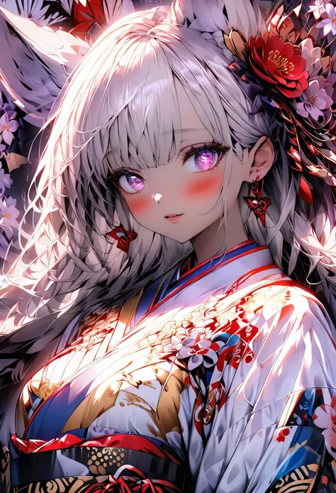Create digital artworks in the pop art style、ディテールが施されたFox Earsの女の子が特徴です、1 girl、Medium chest、Starry Eyes、blush、Individuality、(1 girl: 1.4)、Gray Hair、Fox Ears、Purple eyes、Perfect Face、Detailed face、Perfect body、Beautiful Eyes、Beautiful Face、(Light Skin: 1.4...