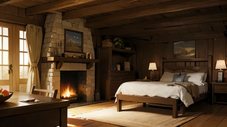 A cabin with survival elements such as a fireplace, jarras de agua, una mesa con comida frutas, a cozy bed and objects that represent basic needs.
