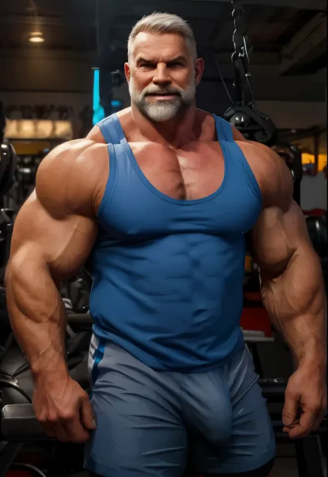 (handsome mature man), older man, gray hair, white man, wearing a tank top and sport shorts, bulge, (beefy:1.3), beard, looking at viewer, beautiful man, detailed eyes, symmetric face, smirk, robust, mustache, 