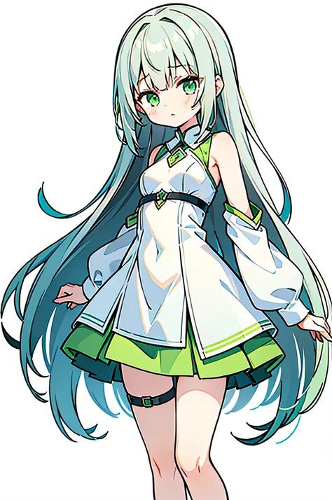 (Long Hair,),((Small breasts,Girl)),(Light green clothes,White clothing,short dress,thigh strap,)Gray Hair,White background,A fleeting expression,Standing posture,