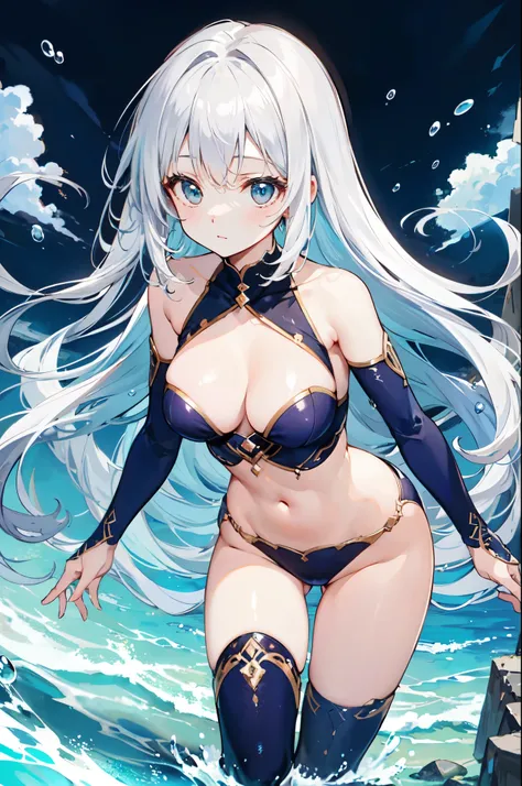 (highest quality)、((Super detailed))、(Ultra delicate)、Sexy and cute diver、、Silver Hair、Beautiful breasts、Beautiful thighs、Gorgeous、Fantastic Light、In the water、Bubble