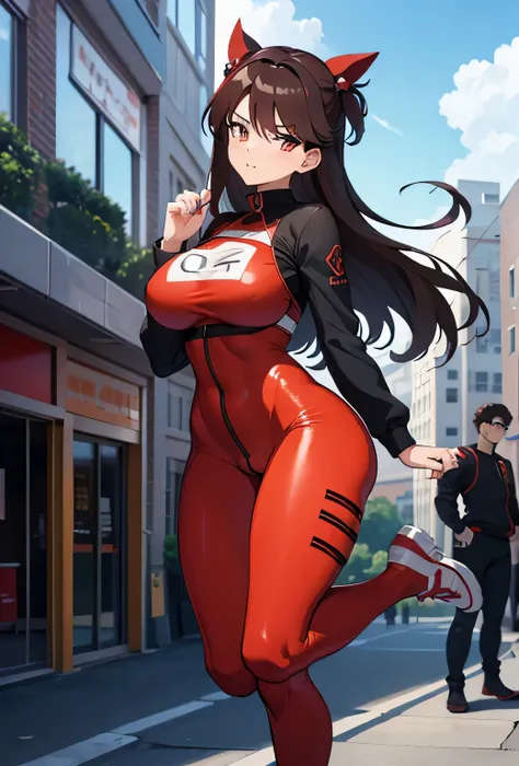 anime girl in red outfit posing in the middle of a city street, full body zenkai! asuka suit, thicc, tracer in a skintight dress, fullbodysuit, wearing tight suit, in spandex suit, ( ( big  tits breast ) ), character is in her natural pose, red suit, tight...