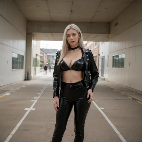 ((Best quality)), ((masterpiece)), (detailed), perfect face, White hair, big breasts size 4, in clothes, full length, wearing a black leather jacket and black leather pants on the track