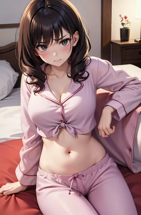 super fine illustration, vibrant colors, masterpiece, sharp focus, best quality, depth of field, cinematic lighting, ultra detailed, sleeves, crop top, pajamas, button up, pajama pants, drawstring, belly button, wide hips, 1 woman, home, solo, milf, very m...