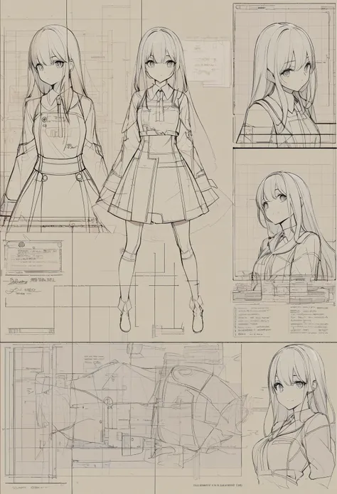 blueprint of a lineart girl, multiple perspectives, schematics, labels, full body, lineart, sharp lines, crisp,