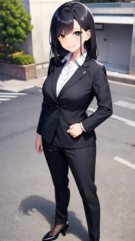 fullbody,Japanese,Standing Alone,OL,Cute face,smile,Black Hair,The chest is large,business suit,High heels,Tokyo Outdoors,One hand on hip,Smartphone in one hand,Looking at the camera,highest quality,Super detailed,Beautiful Anime,Official Art。