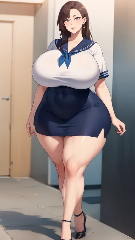 Big Breasts, Big Hips, Full Body Shot, Mature mother, Voluptuous thighs, Whole calf, Seductive mature woman, Perfect body, Plus Size Model, Sailor suit, Wearing high heels,Miniskirt Uniform, 