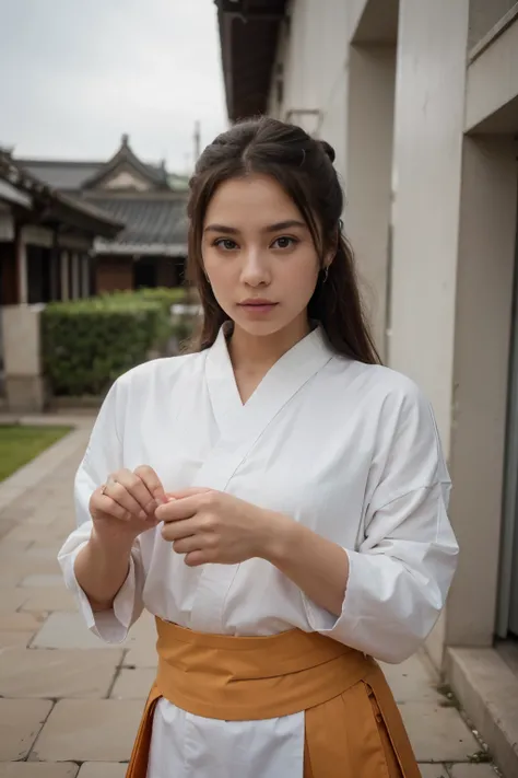 (Por favor, gere a imagem de uma jovem vestindo um kimono de kungfu wu shu treinando kung fu em um patio na china antiga, Ela tem cabelo castanho, Grande, olhos azuis, e um sutil, natural makeup look.looking directly at the camera, and she should be lookin...