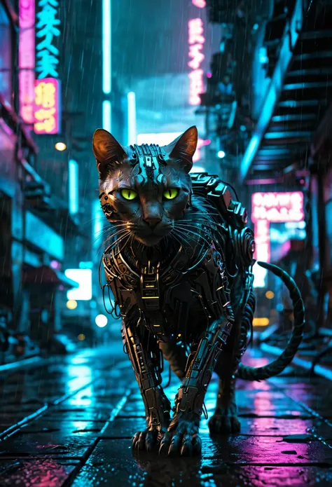 biomechanical cyberpunk backlight biomechanical cat stalking a mouse, walking in front of raining dark gloomy cyberpunk neon epic city, rtx, cybernetics, human-machine fusion, dystopian, organic meets artificial, dark, intricate, highly detailed