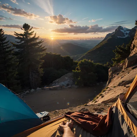 Incredible view of the mountains and sunset, opening from the tent, which is located on a cliff 