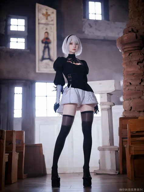 nier:Beautiful cosplay of 2B from Automata、A woman cosplaying as 2B、White skin、tall、21 years old、Englishman、nier:2B&#39;s black costume from Automata、Light background、Fantasyな教会を背景に、Standing tall in the middle of the church、Shooting from a diagonal angle、m...