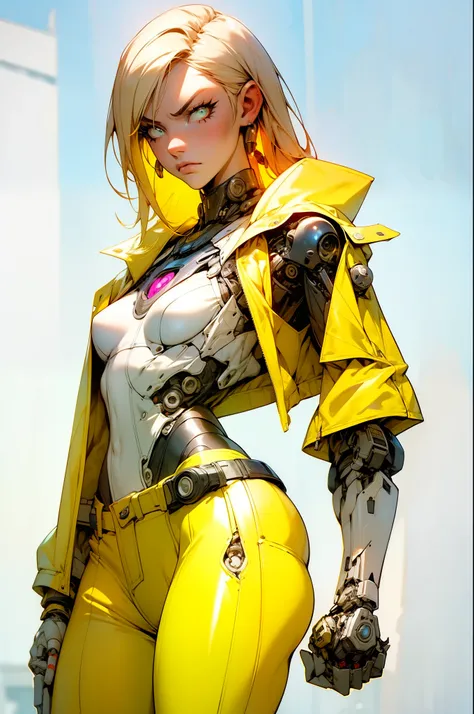 high quality, 4k, masterpiece, beautiful, cyborg girl, cowboy shot, looking at viewer, long blonde hair, girl, small breasts, thick thigh, robotic arms, robotic body, cyborg body, intricate detail, joint, detailed lines, robitic detail, holding fist up, ho...