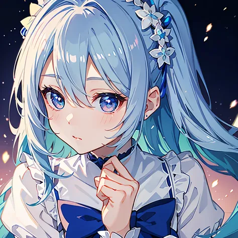 anime girl with blue eyes, dressed in a bow tie embellished with twinkling stars (zoomed in: 1.2). captivating, cute realistic p...