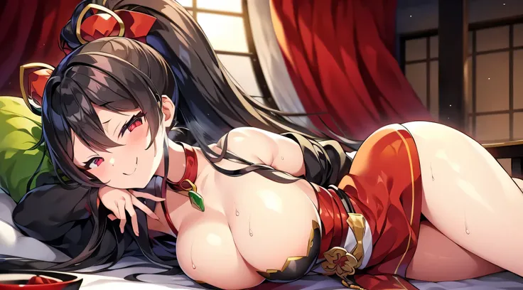 masterpiece、highest quality、1girl , solo , huge breasts、deep cleavage、light green hair、ponytail、brightly colored eyes、red eyes、black glasses、japanese green kimono、long hakama、flashy necklace、charm、Wet、face turns red, very sweaty, dynamic pose、Lying on the ...