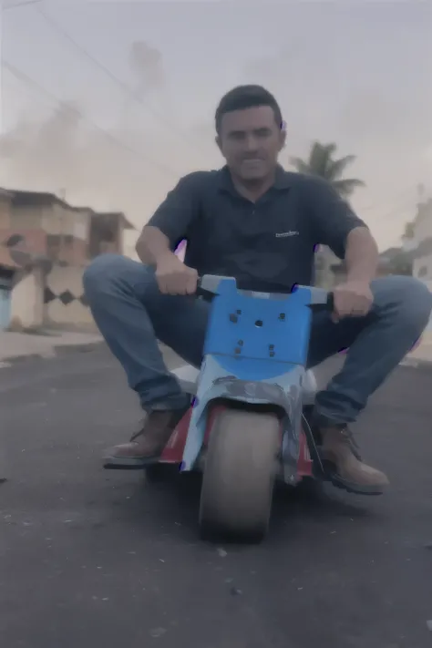 there is a man sitting on a small blue motorcycle on the street, homem montando um rato gigante, scooter personalizada, really trying to ride it, an ultra realistic, trying to ride it, piloto louco girando, screenshot of youtube video, andando de moto futu...