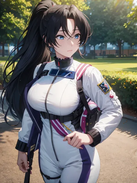 1 adult woman,astronaut uniform,long hair,black hair,ponytail,big breast,Dominique de sade,Blue eyes,Walk, In the park, ultra detail, ultra HD