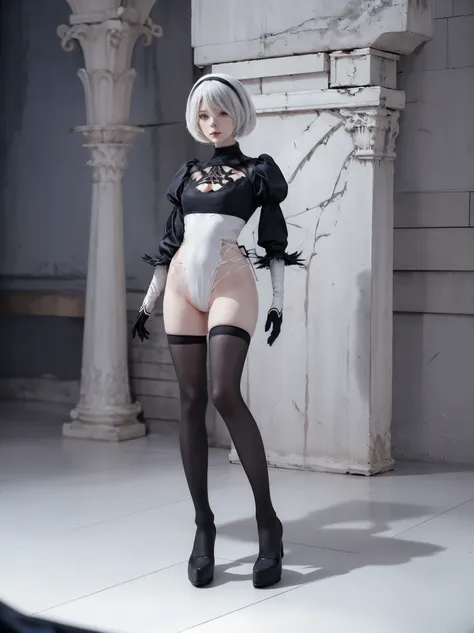 nier:beautiful cosplay of 2b from automata、a woman cosplaying as 2b、white skin、tall、small face、sharp eye、23 years old、british wo...