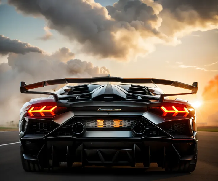 a lamborghini aventador svj, in deep carrot orange, burns rubber on an open highway, leaving behind a plume of white smoke as it...