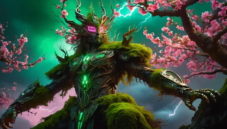 (The king),(Cyberpunk Treeman),metal leaves,wired branches,glowing light eyes,mechanical bark,with moss-covered bark,tribe outfit,(ancient tribal markings),control tendrils extending from the arms,Neon lights dancing on the body,(Lightning around branches ...