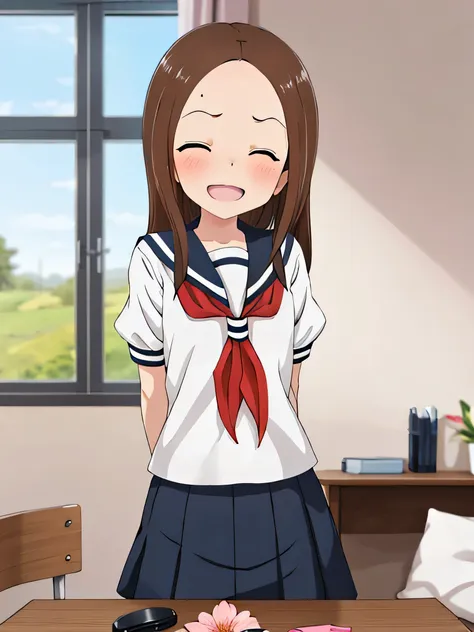 highest quality,high resolution、anime illustration style、takagi-san, one girl、closed mouth、smile、beautiful flower々park with bloo...