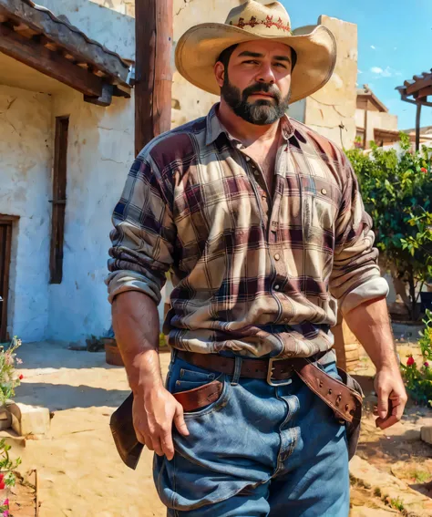 obra maestra, desenfoque de campo, parte superior del cuerpo, hands in pants pockets , 38 year old chubby man with beard and cow...