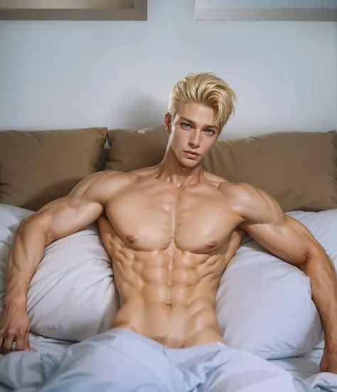 arafed male no shirt on laying in bed with white sheets, blonde guy, on my bed, posing in bed, xqc, twink, beefcake pose, hyperrealistic aesthetic, ripped, ken doll, extremely realistic, blond boy, blonde man, handsome stunning realistic, with abs, smooth ...