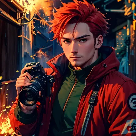 masculine red-headed man, wearing red-leathered jacket, taking video to the right side view, holding a video camera, sorrounded ...